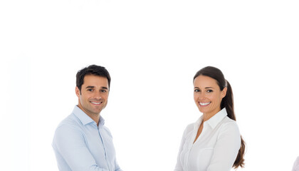 Wall Mural - The man and woman casual attire business shirt and warm smiles highlight a simple yet strong business partnership standing together on white background.