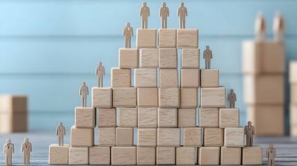 Aufkleber - Minimalistic Conceptual Wooden Blocks Pyramid Structure Displaying Diverse People Icons Representing the Values of Leadership in Building a Strong and Inclusive Community