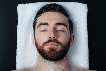 Organic haircare for styling. Man relaxing in a spa with a soothing facial treatment.