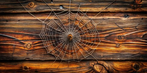 Intricate Spiderweb Adorning Rustic Wooden Surface with Rich Texture and Warm Tones