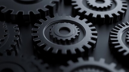 Poster - Close-up of interlocking black gears on a dark surface, showcasing precision engineering and design