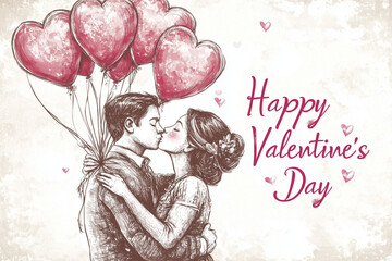 A romantic scene of a girl kissing her man on the cheek, holding heart-shaped balloons, with 