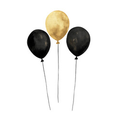 Aufkleber - A watercolor illustration of three balloons two black and one gold against a black background.