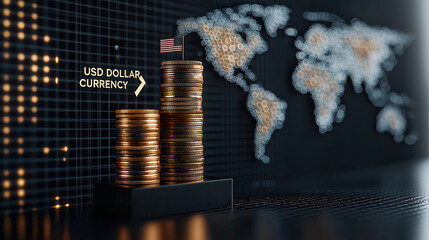 Fototapete - Stacks of gold and silver coins represent currency growth, with world map in background highlighting global finance and USD dollar currency