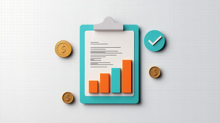 Poster - Modern clipboard with report and bar graph, featuring coins and checkmark, symbolizes financial growth and success