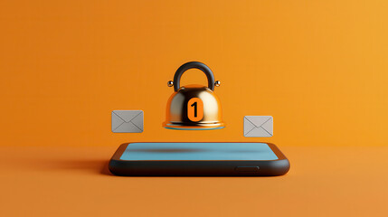 Leinwandbilder - 3D illustration of mobile phone with security bell and email icons, symbolizing notifications and alerts. vibrant orange background adds modern touch