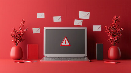 Poster - silver gray laptop on bright red background displays warning symbol, surrounded by red vases with plants and scattered envelopes, creating striking visual