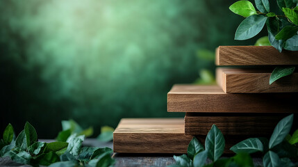 Poster - Wooden slices stacked with green leaves, blurred background, and natural texture