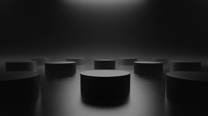 Poster - A dark room with a series of black round objects