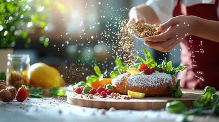 Poster - Delicious bakery scene with hands sprinkling granola over cake, surrounded by fresh fruits and herbs, creating vibrant and inviting atmosphere