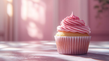 Poster - beautifully arranged cupcake with pink frosting and sprinkles on table, evoking sense of sweetness and delight in soft, pastel setting