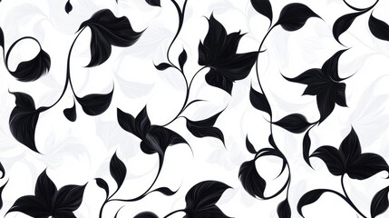 Wall Mural - A black and white floral patterned background with black leaves