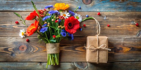 Wall Mural - A vibrant bouquet of wildflowers and a rustic wrapped gift rest on a weathered wood surface