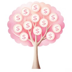 Poster - A stylized tree with pink foliage, adorned with dollar signs, symbolizes growth, wealth, and financial prosperity.