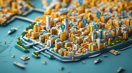 Poster - vibrant 3D city map featuring yellow and blue buildings, waterways, and markers, showcasing lively urban environment