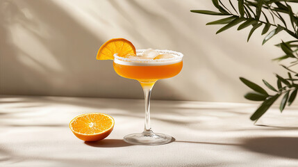 Aufkleber - bright orange cocktail in cupcake shaped glass garnished with orange slice, set against soft background, evokes refreshing and vibrant atmosphere