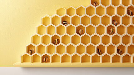 Fototapete - charming 3D scene showcasing honeycomb shaped display with wooden elements and decorative items. warm yellow background adds cheerful touch to design