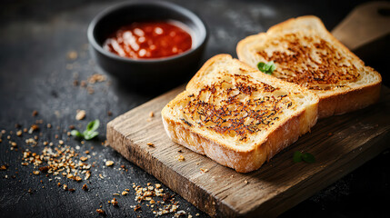 Aufkleber - Toasted bread slices on wooden board with bowl of sauce, garnished with herbs, creating warm and inviting atmosphere