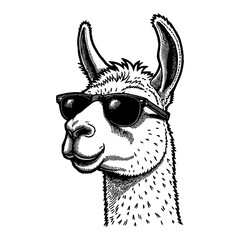 Wall Mural - llama head portrait wearing sunglasses in black and white outline line art drawing