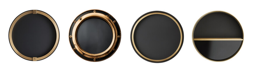 Poster - Three stylish circular wall mirrors, featuring a nautical porthole design and a shelf variant, add modern elegance to any interior space.