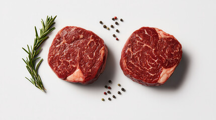 Poster - Juicy ribeye steaks with rich marbling, garnished with fresh rosemary and peppercorns, perfect for grilling or roasting