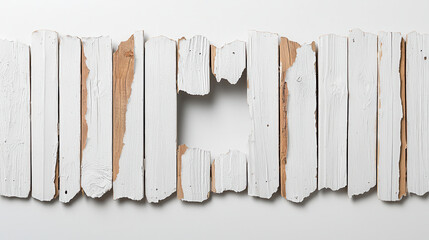 Poster - Old wooden boards arranged horizontally with missing piece, showcasing rustic and weathered texture. contrast between white paint and natural wood adds character and charm