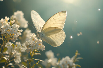 Wall Mural - A serene close-up of a butterfly perched on white flowers in soft sunlight