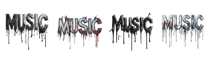 Poster - The image showcases a stylized representation of the word MUSIC in four variations with a melted metal appearance and dripping effect.