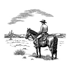 Wall Mural - cowboy riding horse in desert landscape black and white outline line art drawing