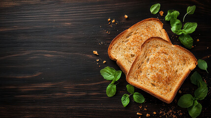 Poster - Toasted bread slices with fresh basil on dark wooden surface, creating warm and inviting atmosphere. Perfect for breakfast or snack