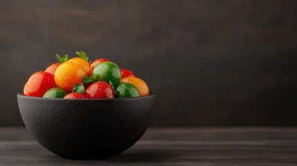 Aufkleber - close up shot of ceramic bowl filled with colorful cherry tomatoes, showcasing vibrant red, yellow, and green hues, creating fresh and appetizing display