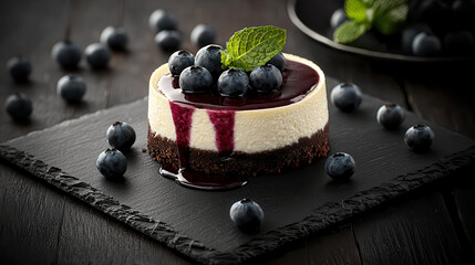 Aufkleber - Delicious cheesecake topped with blueberries and mint leaves, served on slate plate. rich dessert is drizzled with berry sauce, creating inviting presentation