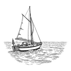 Wall Mural - sailing boat on sea with american flag black and white outline line art drawing