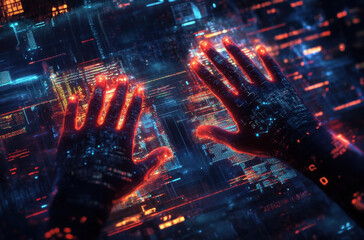 Aufkleber - Futuristic hands interacting with glowing digital interface in a dark environment