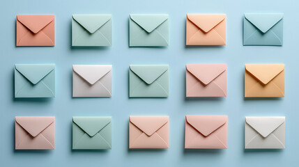 Fototapete - collection of 16 soft pastel colored 3D envelopes arranged neatly on blue background, creating visually appealing and organized display