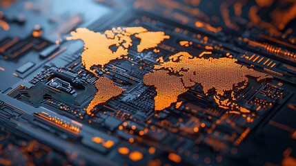 Aufkleber - digital representation of world map created with circuit patterns, showcasing technology and connectivity. glowing orange elements highlight continents against dark background