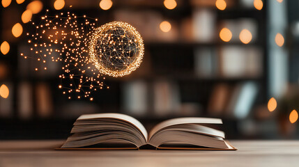 Aufkleber - creative design of open book with holographic globe above it, surrounded by glowing particles, creating magical atmosphere