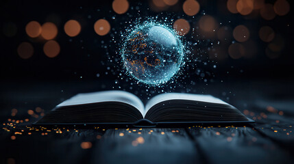 Leinwandbilder - creative design of open book with holographic globe floating above it, surrounded by sparkling particles and blurred background of lights, evokes sense of wonder and imagination