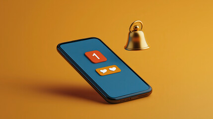 Aufkleber - modern mobile phone displaying notification icons on vibrant background. phone features bell symbol and like button, representing social media engagement and alerts