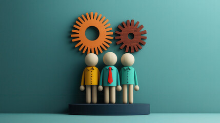 Poster - Three wooden dolls with colorful shirts stand against teal background, complemented by decorative gears. This playful scene evokes creativity and teamwork