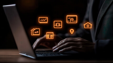 Fototapete - man in suit is working on laptop, surrounded by glowing icons representing data and real estate. scene conveys sense of professionalism and technology
