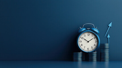 Leinwandbilder - blue alarm clock on stacks of coins symbolizes time management and financial growth. upward arrow represents progress and success in investments