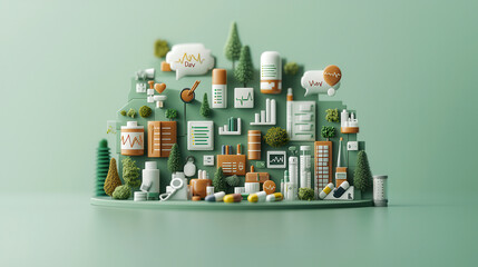 Poster - vibrant 3D illustration representing health and wellness, featuring various medical and health related icons, greenery, and colorful elements. This artwork symbolizes World Health Day