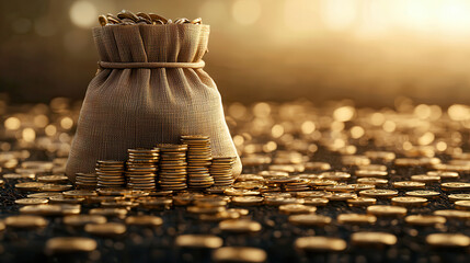 Fototapete - detailed 3D scene of money bag surrounded by stacks of coins, symbolizing wealth and prosperity. warm lighting adds sense of richness and abundance