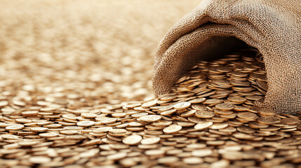 Poster - detailed scene of money bag spilling coins, creating rich and abundant atmosphere. golden coins reflect light, enhancing feeling of wealth and prosperity