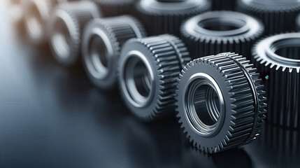 Leinwandbilder - Detailed close up of glossy silver gears arranged in row, showcasing their intricate design and metallic shine. image captures precision and engineering of mechanical components
