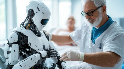 Aufkleber - healthcare professional interacts with futuristic robotic exoskeleton in medical setting, showcasing advanced technology and human robot collaboration