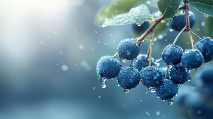 Aufkleber - Fresh blueberries glistening with water droplets on branch, showcasing their vibrant color and natural beauty. soft background enhances serene atmosphere