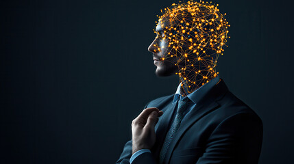 Fototapete - digital brain interface concept showcasing man in suit, symbolizing fusion of technology and human intellect. glowing network represents advanced connectivity and innovation
