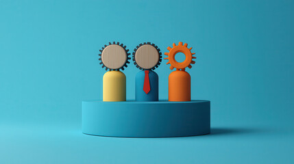Aufkleber - Friendly cartoonish low poly 3D image of three characters with gear heads, representing teamwork and creativity. vibrant colors and playful design evoke sense of collaboration
